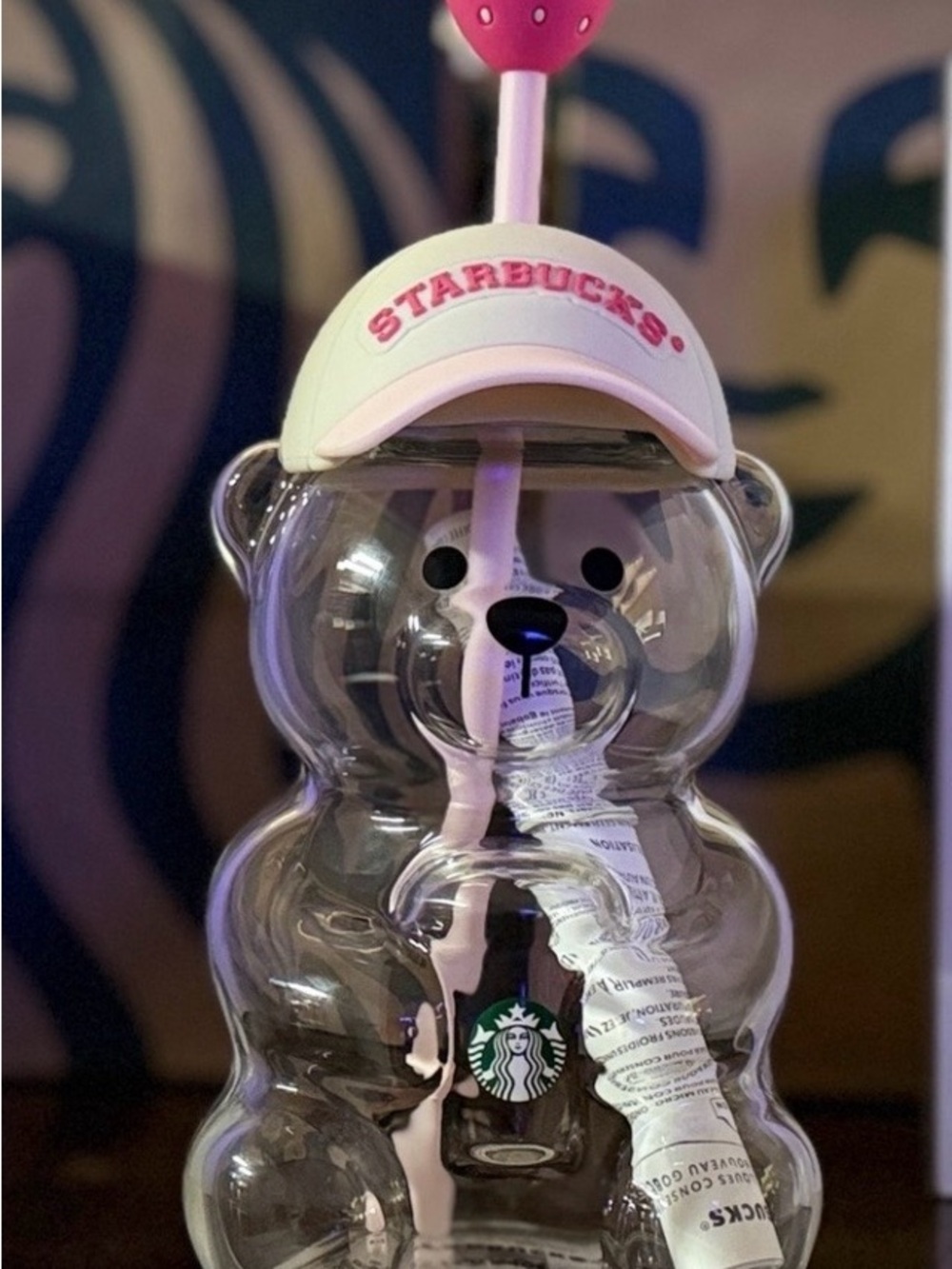 Starbucks Clear Bear Cup with Pink Hat and Straw
